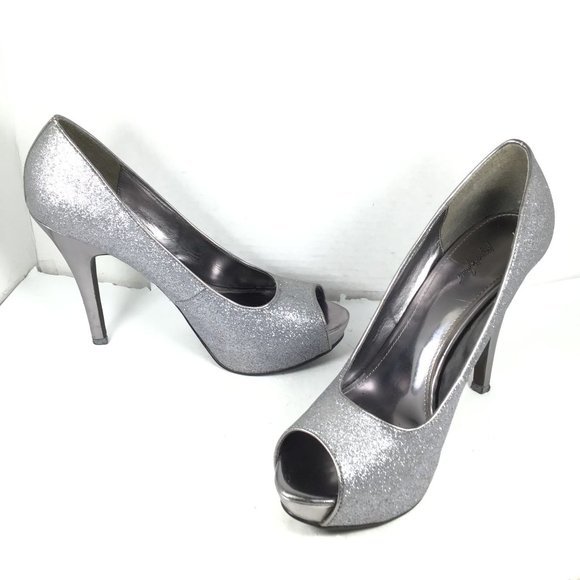 Jacqueline Ferrar Women Silver Sparkle Glitter Peep Toe Heels Platform Size 10 - Picture 5 of 11